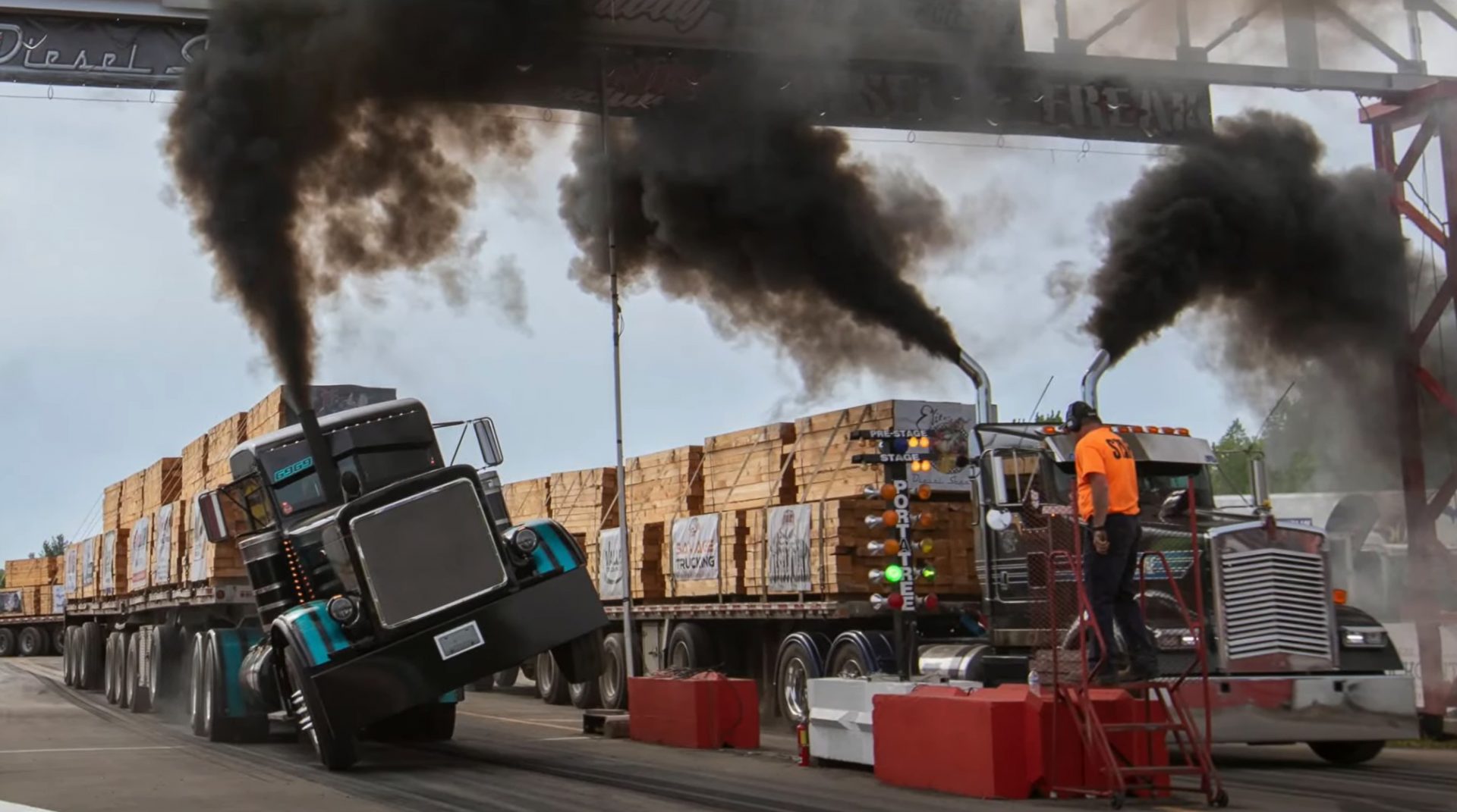 3,000 HP Semi Trucks Drag Racing with 120,000 Lbs Trailers Go From